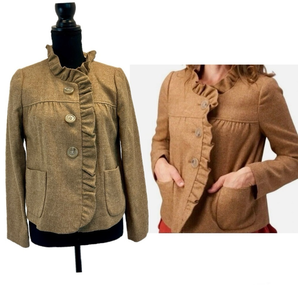 J. Crew camel brown 100% wool ruffle frill collar trim blazer jacket pockets 2